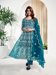 Floral Embroidered Regular Anarkali Net Kurta With Trouser With Dupatta