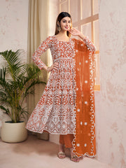 Floral Embroidered Scoop Neck Anarkali Kurta With Trouser And Dupatta