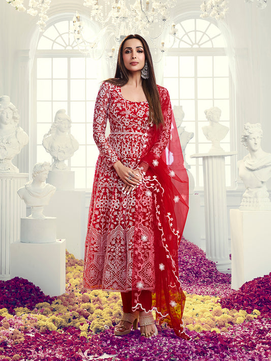 Floral Embroidered Thread Work Net Anarkali Kurta With Trousers & Dupatta