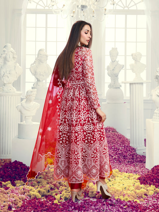 Floral Embroidered Thread Work Net Anarkali Kurta With Trousers & Dupatta