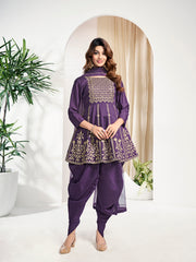 Women Ethnic Motifs Yoke Design Empire Thread Work Kurta with Dhoti Pants & With Dupatta