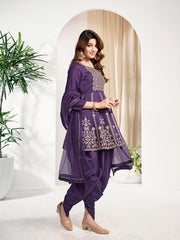 Women Ethnic Motifs Yoke Design Empire Thread Work Kurta with Dhoti Pants & With Dupatta