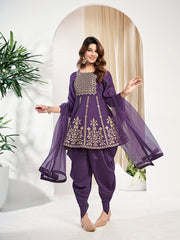 Women Ethnic Motifs Yoke Design Empire Thread Work Kurta with Dhoti Pants & With Dupatta