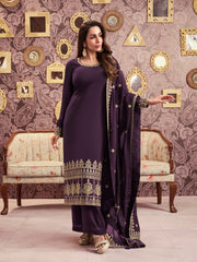 Ethnic Motifs Embroidered Georgette Straight Kurta With Palazzos & Dupatta