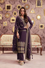 Ethnic Motifs Embroidered Georgette Straight Kurta With Palazzos & Dupatta