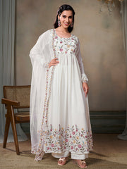 Women Floral Embroidered Pleated Thread Work Kurta with Palazzos & With Dupatta