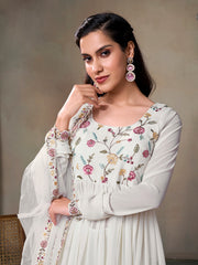 Women Floral Embroidered Pleated Thread Work Kurta with Palazzos & With Dupatta