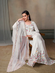 Women Floral Embroidered Pleated Thread Work Kurta with Palazzos & With Dupatta