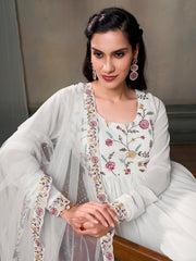 Women Floral Embroidered Pleated Thread Work Kurta with Palazzos & With Dupatta