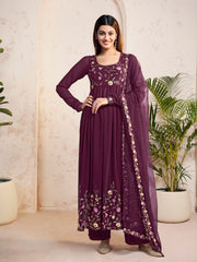 Women Floral Embroidered Pleated Thread Work Kurta with Palazzos & With Dupatta