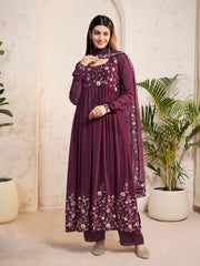 Women Floral Embroidered Pleated Thread Work Kurta with Palazzos & With Dupatta