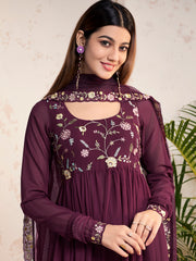 Women Floral Embroidered Pleated Thread Work Kurta with Palazzos & With Dupatta