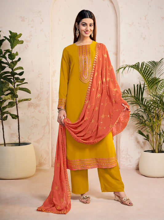 Ethnic Motifs Yoke Design Sequinned Straight Kurta With Palazzos & Dupatta