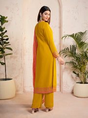 Ethnic Motifs Yoke Design Sequinned Straight Kurta With Palazzos & Dupatta