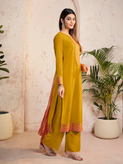 Ethnic Motifs Yoke Design Sequinned Straight Kurta With Palazzos & Dupatta