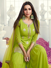 Floral Embroidered Notch Neck Georgette Straight Kurta With Sharara & Dupatta