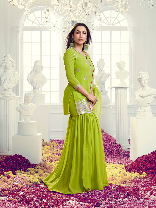 Floral Embroidered Notch Neck Georgette Straight Kurta With Sharara & Dupatta