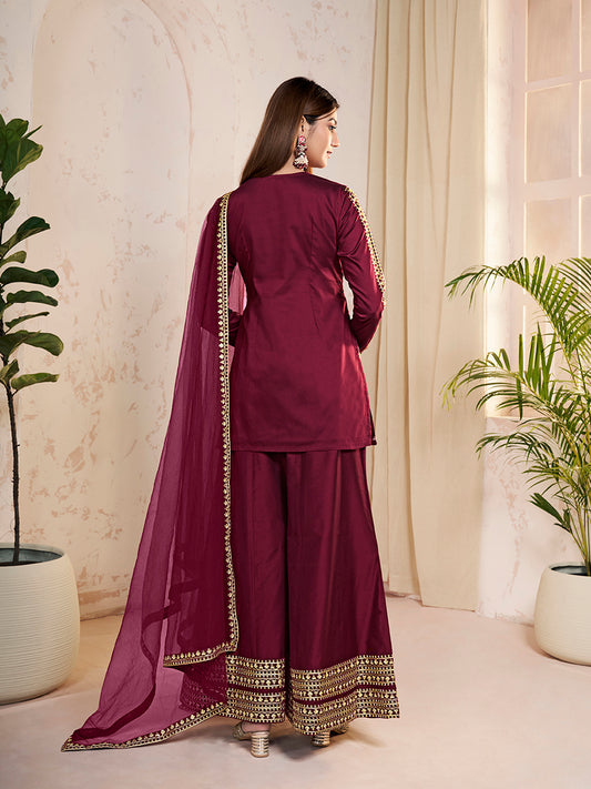 Women Ethnic Motifs Embroidered Regular Sequinned Kurta with Sharara & With Dupatta