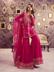 Ethnic Motifs Embroidered Notch Neck Sequinned A-Line Kurta With Sharara & Dupatta