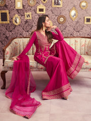 Ethnic Motifs Embroidered Notch Neck Sequinned A-Line Kurta With Sharara & Dupatta