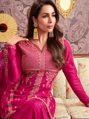 Ethnic Motifs Embroidered Notch Neck Sequinned A-Line Kurta With Sharara & Dupatta