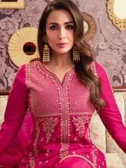 Ethnic Motifs Embroidered Notch Neck Sequinned A-Line Kurta With Sharara & Dupatta