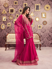 Ethnic Motifs Embroidered Notch Neck Sequinned A-Line Kurta With Sharara & Dupatta