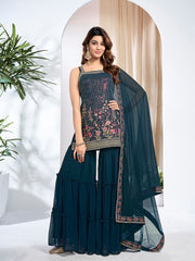 Women Floral Embroidered Regular Thread Work Kurta with Sharara & With Dupatta