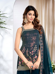 Women Floral Embroidered Regular Thread Work Kurta with Sharara & With Dupatta