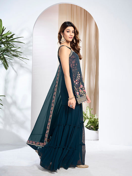 Women Floral Embroidered Regular Thread Work Kurta with Sharara & With Dupatta