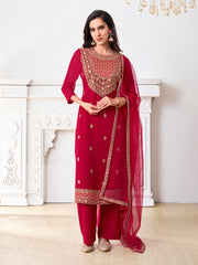 Floral Embroidered Round Neck Georgette Straight Kurta With Palazzos & Dupatta