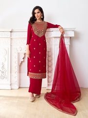 Floral Embroidered Round Neck Georgette Straight Kurta With Palazzos & Dupatta