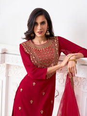 Floral Embroidered Round Neck Georgette Straight Kurta With Palazzos & Dupatta