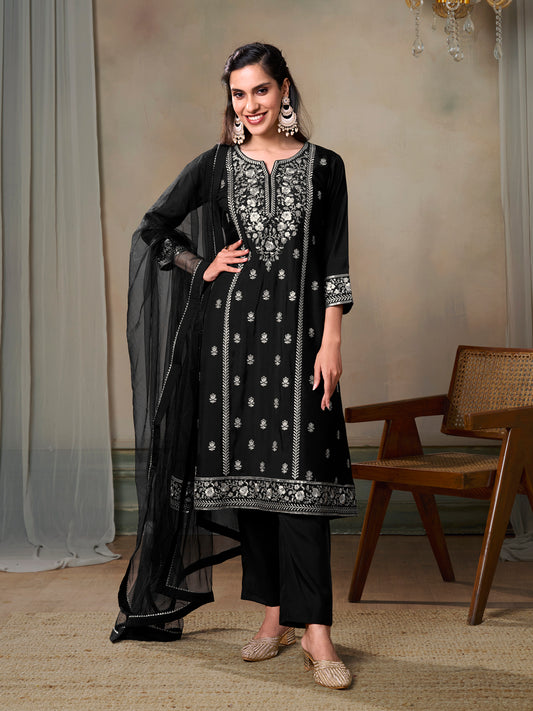 Women Floral Embroidered Regular Sequinned Kurta with Trousers & With Dupatta