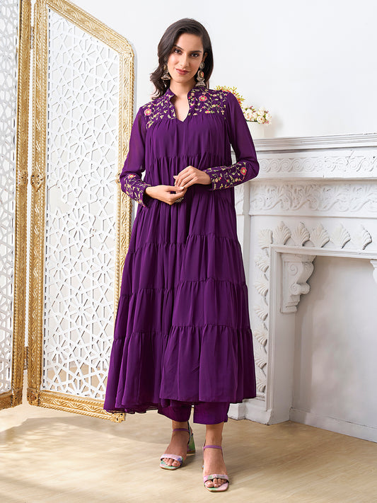 Floral Embroidered Mandarin Collar Tiered Thread Work A-Line Kurta with Trousers