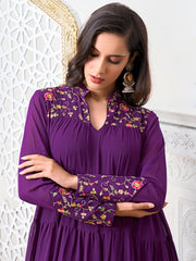 Floral Embroidered Mandarin Collar Tiered Thread Work A-Line Kurta with Trousers