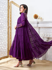 Floral Embroidered Mandarin Collar Tiered Thread Work A-Line Kurta with Trousers