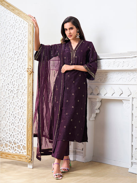 Floral Embroidered V-Neck Sequinned Velvet Straight Kurta With Trousers & Dupatta