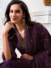 Floral Embroidered V-Neck Sequinned Velvet Straight Kurta With Trousers & Dupatta