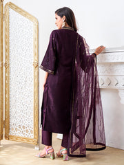 Floral Embroidered V-Neck Sequinned Velvet Straight Kurta With Trousers & Dupatta