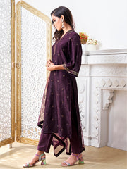 Floral Embroidered V-Neck Sequinned Velvet Straight Kurta With Trousers & Dupatta