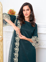 Women Regular Thread Work Velvet Kurta with Trousers & With Dupatta