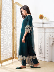 Women Regular Thread Work Velvet Kurta with Trousers & With Dupatta