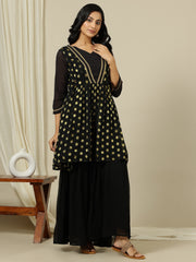 Polka Dot Embroidered V-Neck Pleated Georgette A-Line Kurta With Sharara