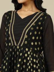 Polka Dot Embroidered V-Neck Pleated Georgette A-Line Kurta With Sharara