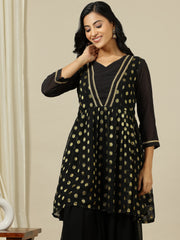 Polka Dot Embroidered V-Neck Pleated Georgette A-Line Kurta With Sharara