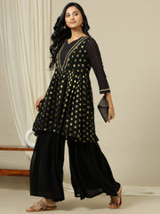 Polka Dot Embroidered V-Neck Pleated Georgette A-Line Kurta With Sharara