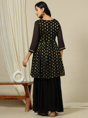 Polka Dot Embroidered V-Neck Pleated Georgette A-Line Kurta With Sharara