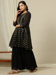 Polka Dot Embroidered V-Neck Pleated Georgette A-Line Kurta With Sharara