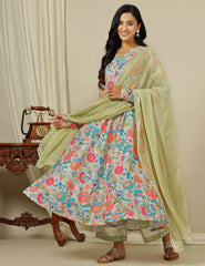 Green Floral Printed V-Neck Kurta with Palazzo & Dupatta